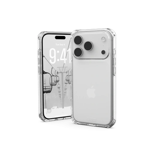 Etui UAG Plyo do iPhone 17 Pro w kolorze przezroczystym, prezentujące hybrydowy materiał.