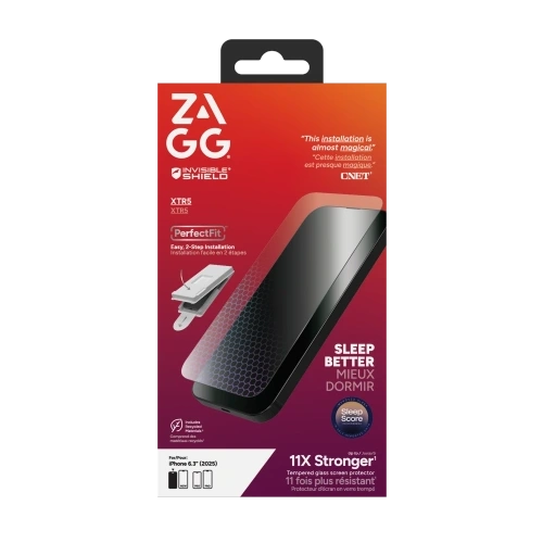 Szkło ochronne ZAGG Invisibleshield Glass XTR5 do iPhone 17, z widoczną ramką montażową i oznaczeniem odporności 9H.