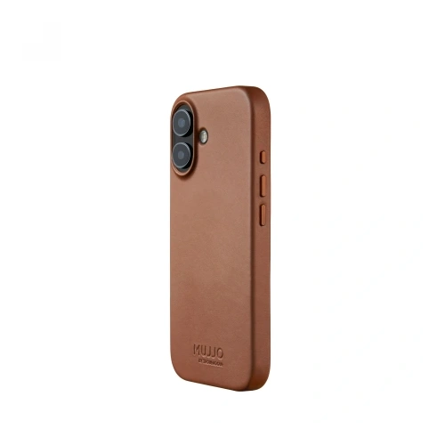 Etui Mujjo Leather Case w kolorze tan, idealnie dopasowane do Apple iPhone 17 z systemem MagSafe.