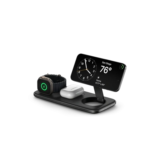 Three charging fields in the Satechi Qi2 Trio mat: phone, watch, and headphones