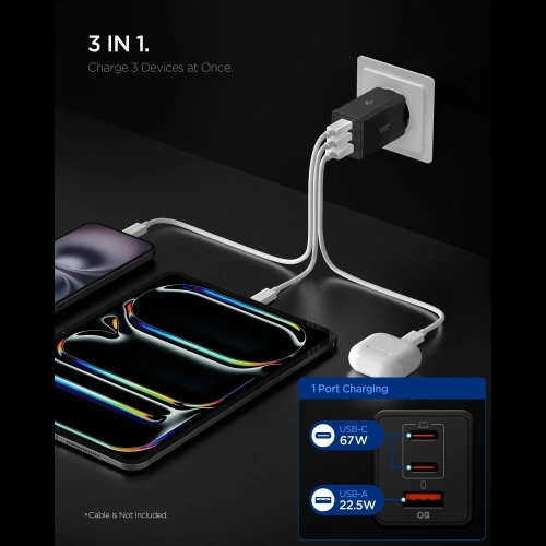 Spigen Essential EE673EU 67W charger, USB-C and USB-A port layout