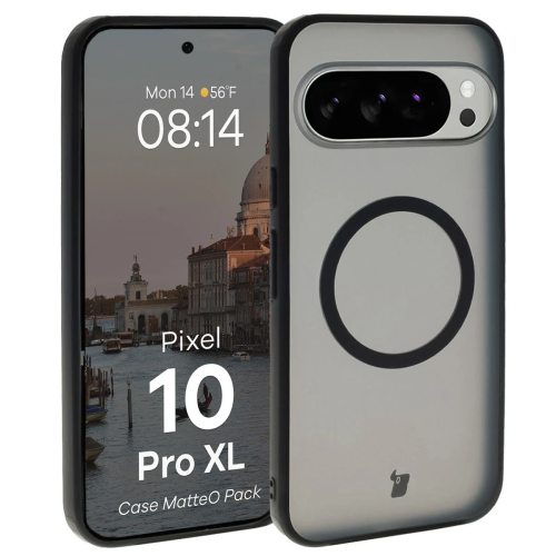 Hülle mit Magnetring + gehärtetes Glas Bizon MatteO Pack für Google Pixel 10 Pro XL, rauchschwarz