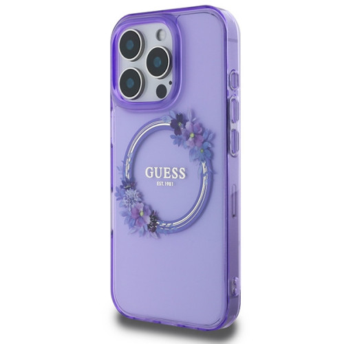 Husa Guess pentru Apple iPhone 16 Pro Max hardcase IML Flowers Wreath MagSafe violet