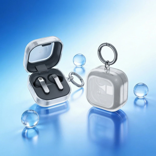 Elastyczne etui z karabińczykiem Bizon Case Headphone Clear do Samsung Galaxy Buds 4 / 4 Pro, przeźroczysto-brokatowe