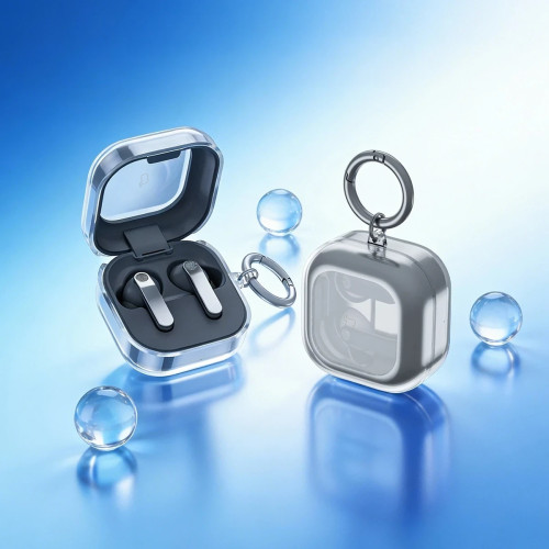 Elastyczne etui z karabińczykiem Bizon Case Headphone Clear do Samsung Galaxy Buds 4 / 4 Pro, przeźroczysto-czarne