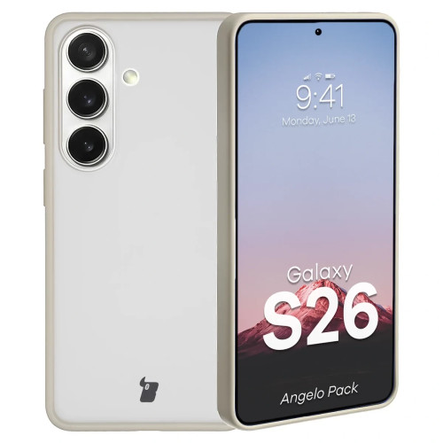 Etui + szkło hartowane Bizon Angelo Pack do Samsung Galaxy S26, przydymione z beżową ramką