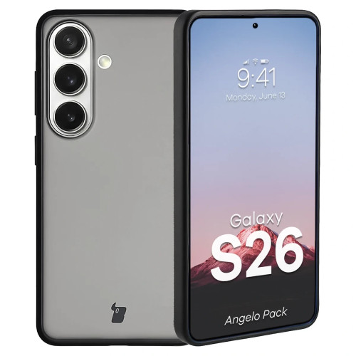 Etui + szkło hartowane Bizon Angelo Pack do Samsung Galaxy S26, przydymione z czarną ramką