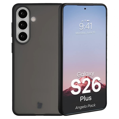 Etui + szkło hartowane Bizon Angelo Pack do Samsung Galaxy S26+ Plus, przydymione z czarną ramką