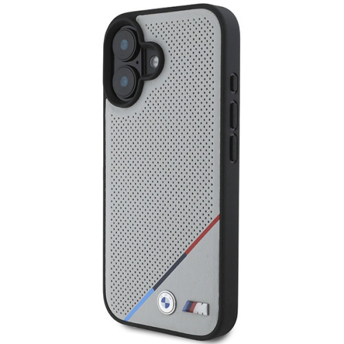 Hülle BMW für Apple iPhone 16 Hardcase M Perforated Tricolor Line MagSafe grau