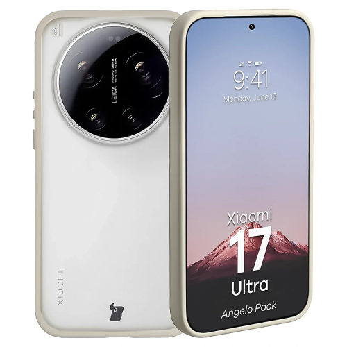 Etui + gehärtetes Glas Bizon Angelo Pack für Xiaomi 17 Ultra, rauchig mit beigem Rahmen