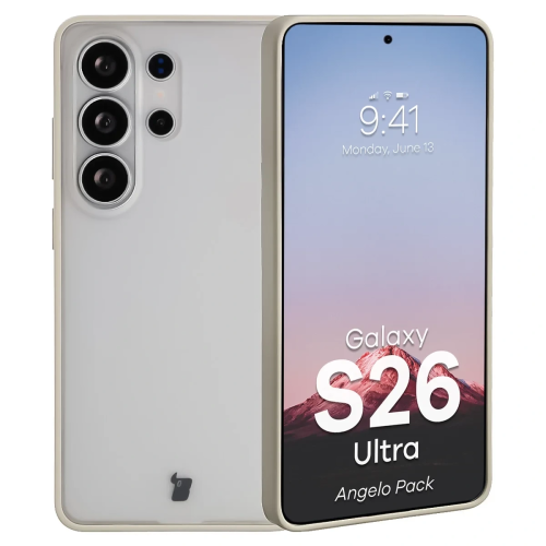 Etui + szkło hartowane Bizon Angelo Pack do Samsung Galaxy S26 Ultra, przydymione z beżową ramką