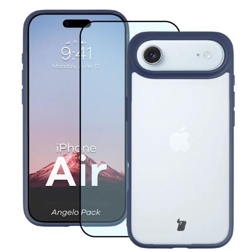 Etui + szkło hartowane Bizon Angelo Pack do iPhone Air, przydymione z granatową ramką