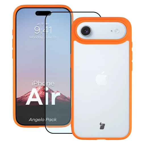 Etui + szkło hartowane Bizon Angelo Pack do iPhone Air, przydymione z pomarańczową ramką