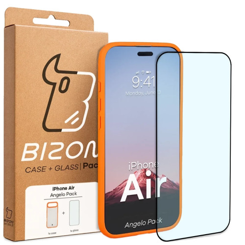 Etui + szkło hartowane Bizon Angelo Pack do iPhone Air, przydymione z pomarańczową ramką