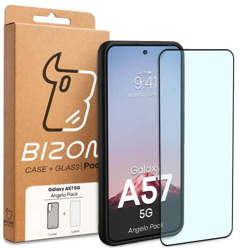 Etui + szkło hartowane Bizon Angelo Pack do Galaxy A57 5G, przydymione z czarną ramką