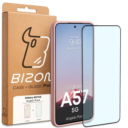 Etui + szkło hartowane Bizon Angelo Pack do Galaxy A57 5G, przydymione z jasnoróżową ramką