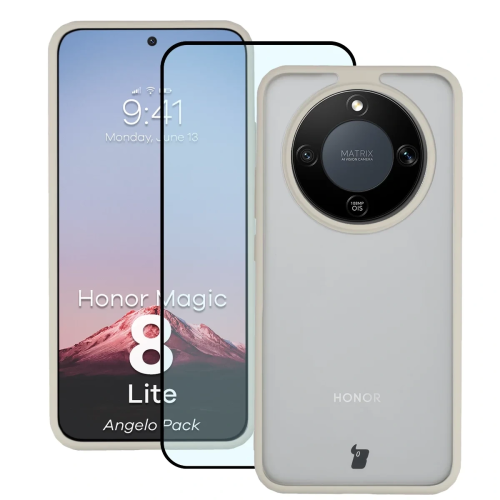 Etui + szkło hartowane Bizon Angelo Pack do Honor Magic8 Lite, przydymione z beżową ramką