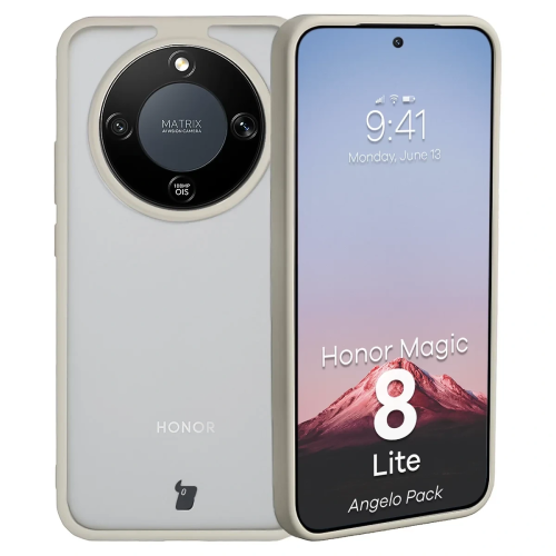 Etui + szkło hartowane Bizon Angelo Pack do Honor Magic8 Lite, przydymione z beżową ramką