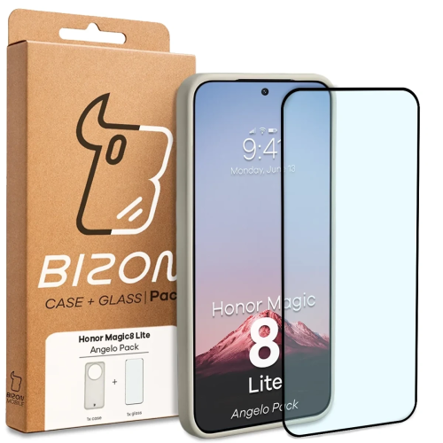 Etui + szkło hartowane Bizon Angelo Pack do Honor Magic8 Lite, przydymione z beżową ramką