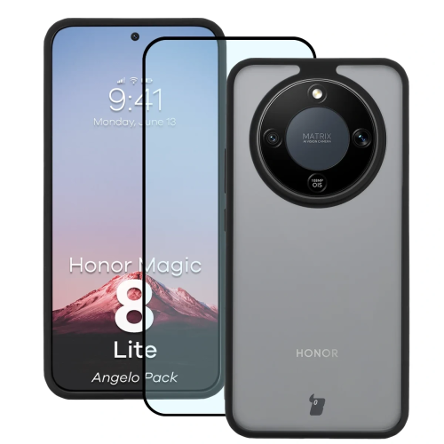 Etui + szkło hartowane Bizon Angelo Pack do Honor Magic8 Lite, przydymione z czarną ramką