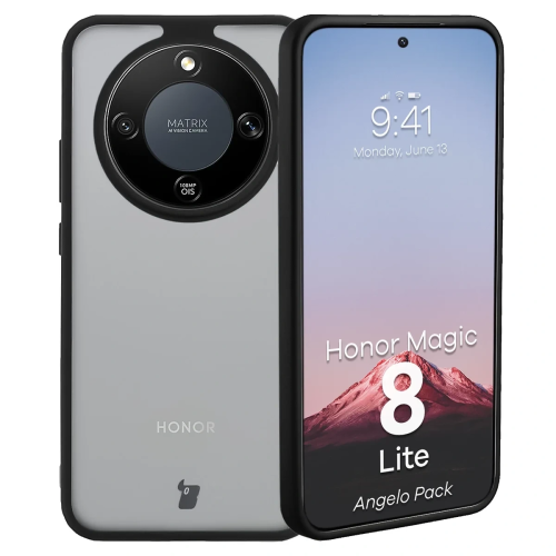 Etui + szkło hartowane Bizon Angelo Pack do Honor Magic8 Lite, przydymione z czarną ramką
