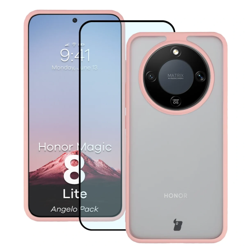 Etui + szkło hartowane Bizon Angelo Pack do Honor Magic8 Lite, przydymione z jasnoróżową ramką