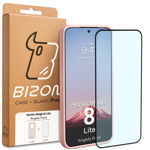 Etui + szkło hartowane Bizon Angelo Pack do Honor Magic8 Lite, przydymione z jasnoróżową ramką