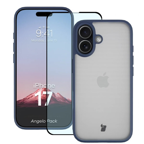 Etui + szkło hartowane Bizon Angelo Pack do iPhone 17, przydymione z granatową ramką