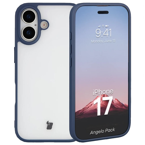 Etui + szkło hartowane Bizon Angelo Pack do iPhone 17, przydymione z granatową ramką