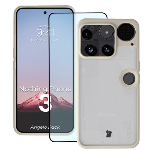 Etui + szkło hartowane Bizon Angelo Pack do Nothing Phone (3), przydymione z beżową ramką
