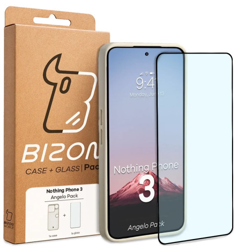 Etui + szkło hartowane Bizon Angelo Pack do Nothing Phone (3), przydymione z beżową ramką