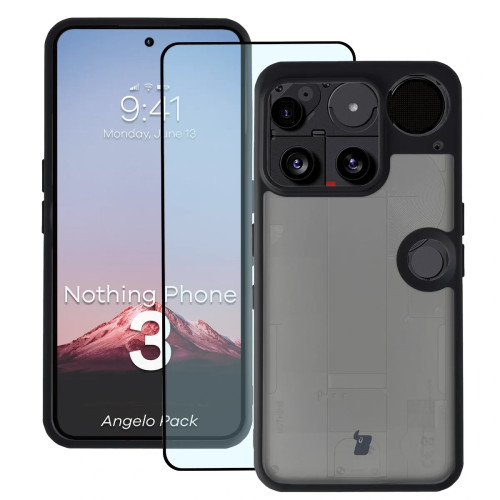 Etui + szkło hartowane Bizon Angelo Pack do Nothing Phone (3), przydymione z czarną ramką