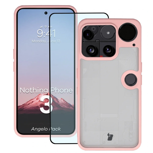Etui + szkło hartowane Bizon Angelo Pack do Nothing Phone (3), przydymione z jasnoróżową ramką