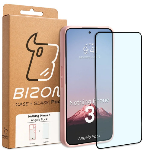 Etui + szkło hartowane Bizon Angelo Pack do Nothing Phone (3), przydymione z jasnoróżową ramką