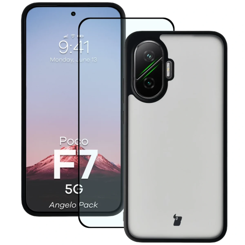 Etui + szkło hartowane Bizon Angelo Pack do Xiaomi POCO F7, przydymione z czarną ramką
