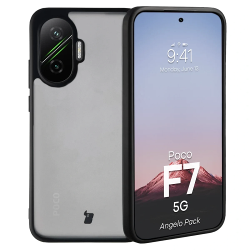 Etui + szkło hartowane Bizon Angelo Pack do Xiaomi POCO F7, przydymione z czarną ramką