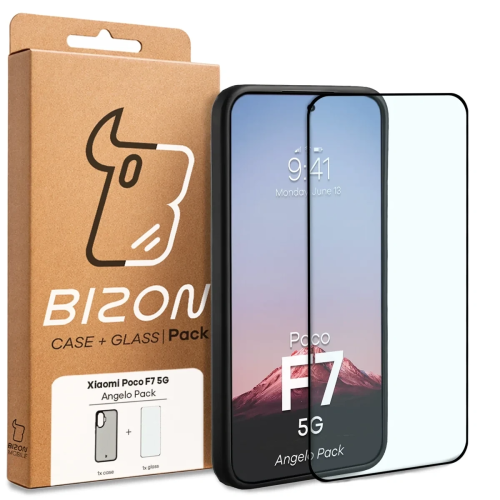 Etui + szkło hartowane Bizon Angelo Pack do Xiaomi POCO F7, przydymione z czarną ramką