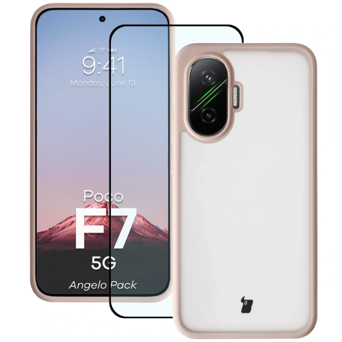 Etui + szkło hartowane Bizon Angelo Pack do Xiaomi POCO F7, przydymione z różową ramką