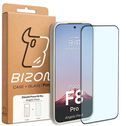 Etui + szkło hartowane Bizon Angelo Pack do Xiaomi POCO F8 Pro, przydymione z beżową ramką