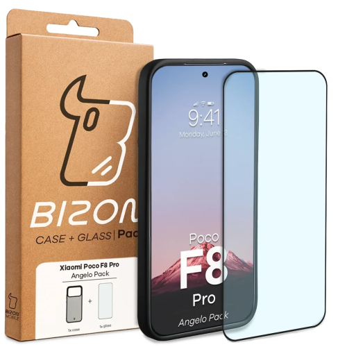 Etui + szkło hartowane Bizon Angelo Pack do Xiaomi POCO F8 Pro, przydymione z czarną ramką