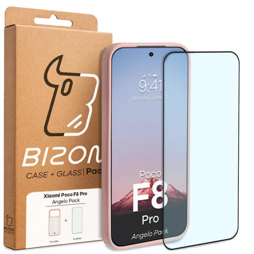 Etui + szkło hartowane Bizon Angelo Pack do Xiaomi POCO F8 Pro, przydymione z jasnoróżową ramką