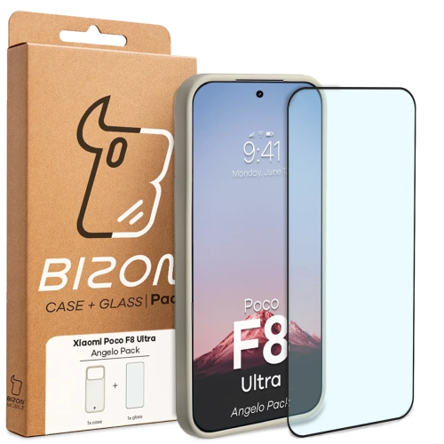 Etui + szkło hartowane Bizon Angelo Pack do Xiaomi POCO F8 Ultra, przydymione z beżową ramką