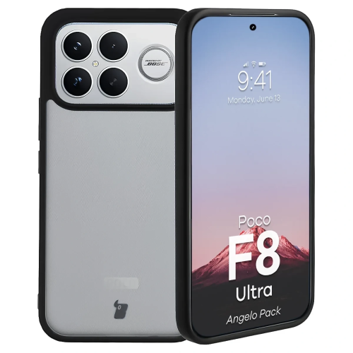 Etui + szkło hartowane Bizon Angelo Pack do Xiaomi POCO F8 Ultra, przydymione z czarną ramką