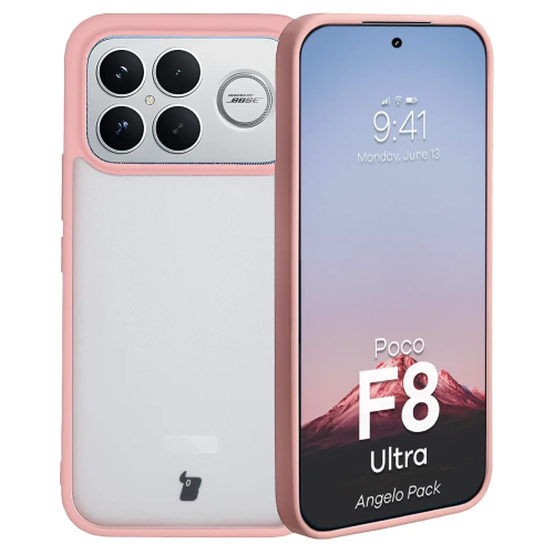 Etui + szkło hartowane Bizon Angelo Pack do Xiaomi POCO F8 Ultra, przydymione z jasnoróżową ramką