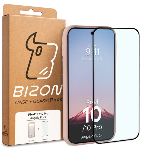 Etui + szkło hartowane Bizon Angelo Pack do Google Pixel 10 / 10 Pro, przydymione z różową ramką