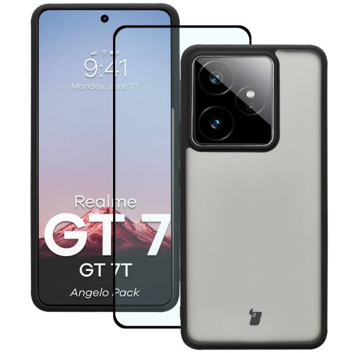 Etui + szkło hartowane Bizon Angelo Pack do Realme GT 7 / 7T, przydymione z czarną ramką