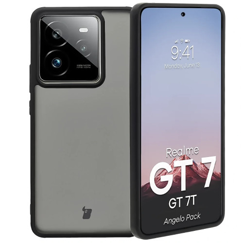 Etui + szkło hartowane Bizon Angelo Pack do Realme GT 7 / 7T, przydymione z czarną ramką