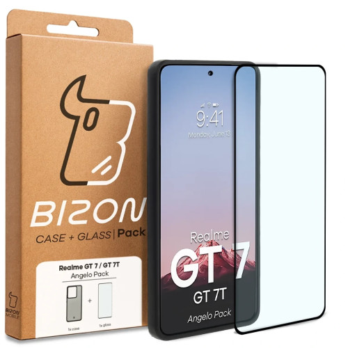 Etui + szkło hartowane Bizon Angelo Pack do Realme GT 7 / 7T, przydymione z czarną ramką