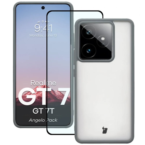 Etui + szkło hartowane Bizon Angelo Pack do Realme GT 7 / 7T, przydymione z szarą ramką