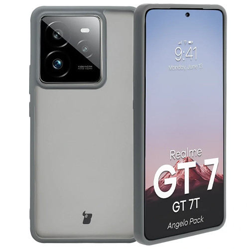 Etui + szkło hartowane Bizon Angelo Pack do Realme GT 7 / 7T, przydymione z szarą ramką